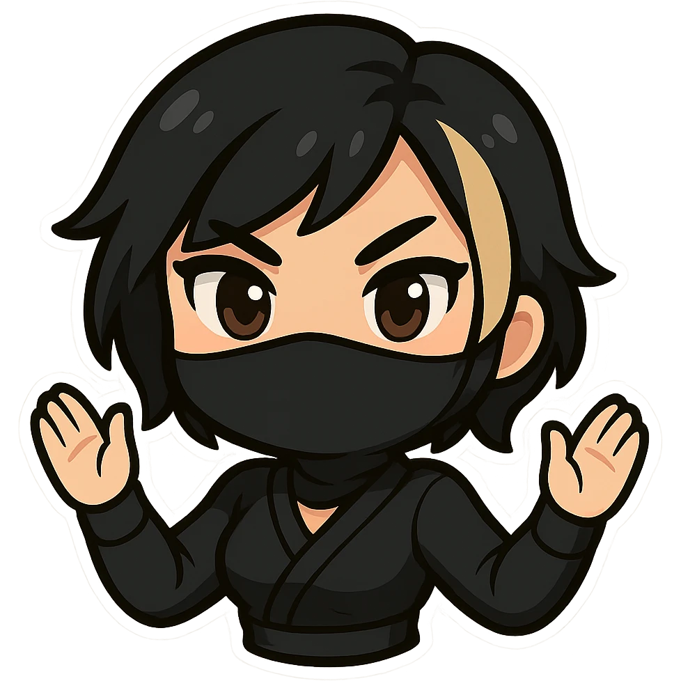 Change the character's hair to black short hair with a blonde streak. Keep only the head and arms visible. Depict a sexy chibi ninja girl with bold outlines. The image should have a transparent background and be sized for Twitch emoji use. emoji