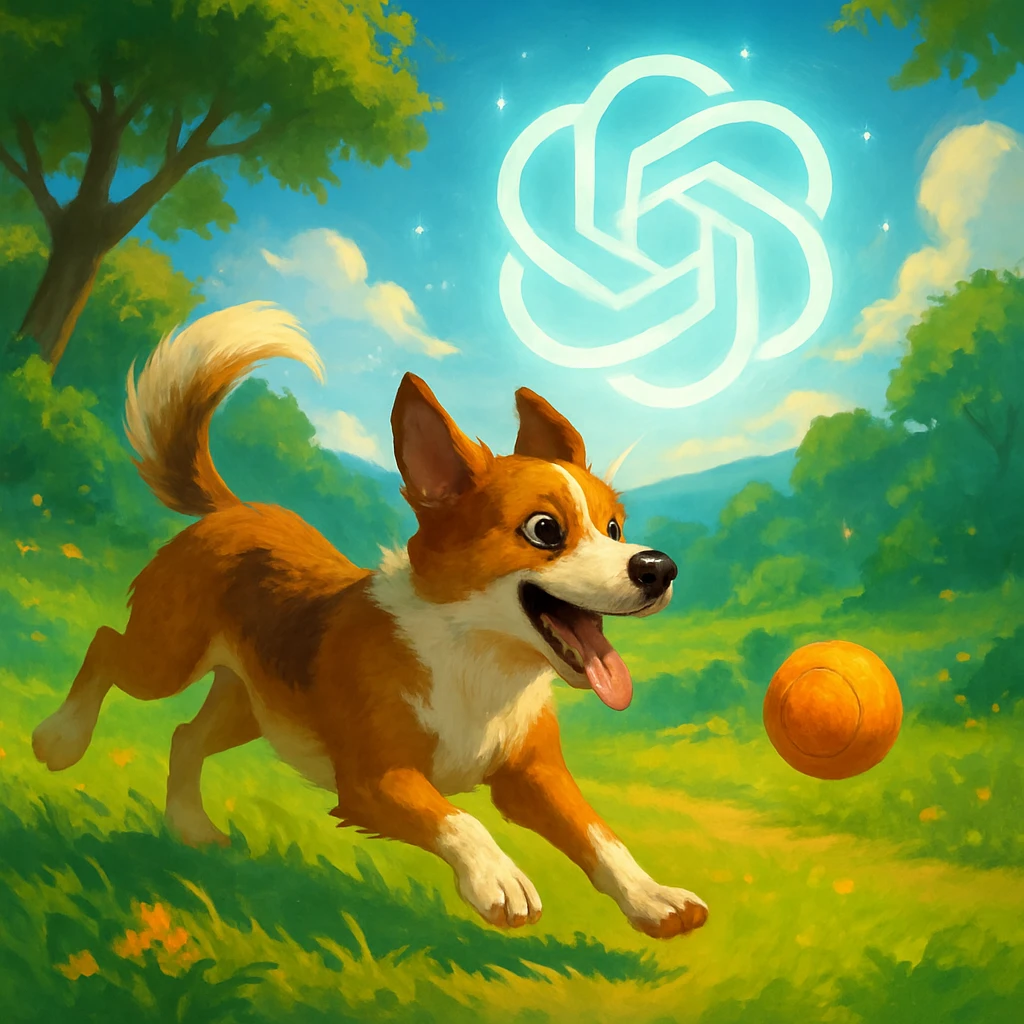 gpt image logo on the background of a dog chasing ball emoji