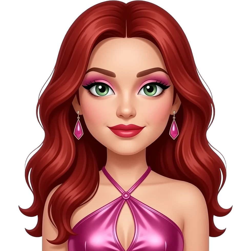 Carmit Bachar from The Pussycat Dolls with hazel-green eyes, long red 2000s hair, pink eyeshadow, red lipstick, pink metallic halter dress, earrings emoji
