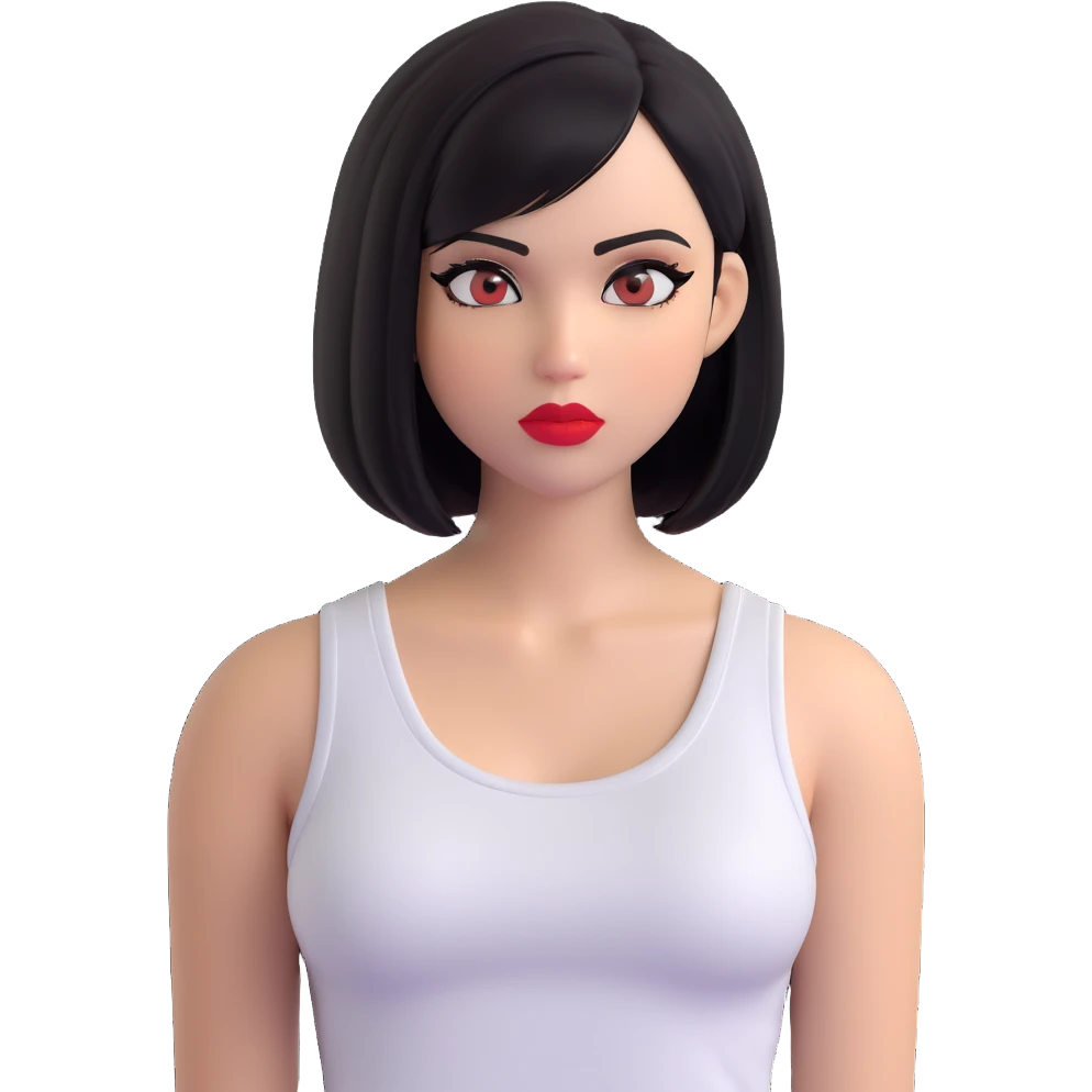 A pretty girl with black straight bob hair. She has hazel eyes with black eyeliner. She has plump red lips. She is wearing a white tank top emoji