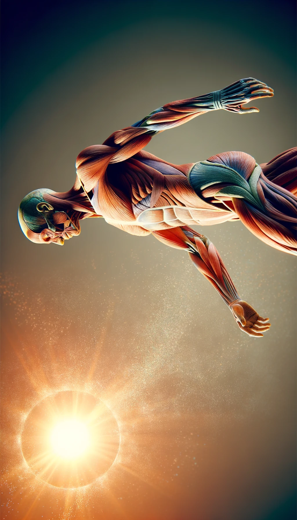 CORPO UMANO ANATOMICO IN PIEDI CHE CAMMINA DI FRONTE AL SOLE ESTIVO, COLORI REALISTICI DEI MUSCOLI, SFONDO CHIARO DEL CIELO, iperrealistico 4k emoji
