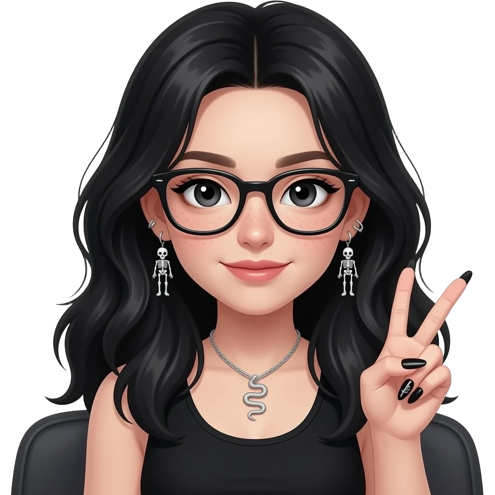 Pale Girl in black, sitting (upper body), long voluminous hair, black eyes with light eyeliner, glasses, subtle freckles. Helix-to-lobe chain earrings with very small skeleton details, small silver snake necklace. Holding a peace sign, long black and silver nails with detailed designs emoji