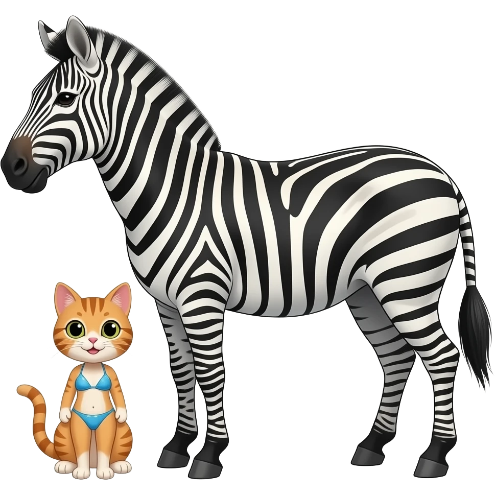 make me a male zebra and a girl cat. the girl cat is under the male zebra. make the girl cat weat bikini emoji