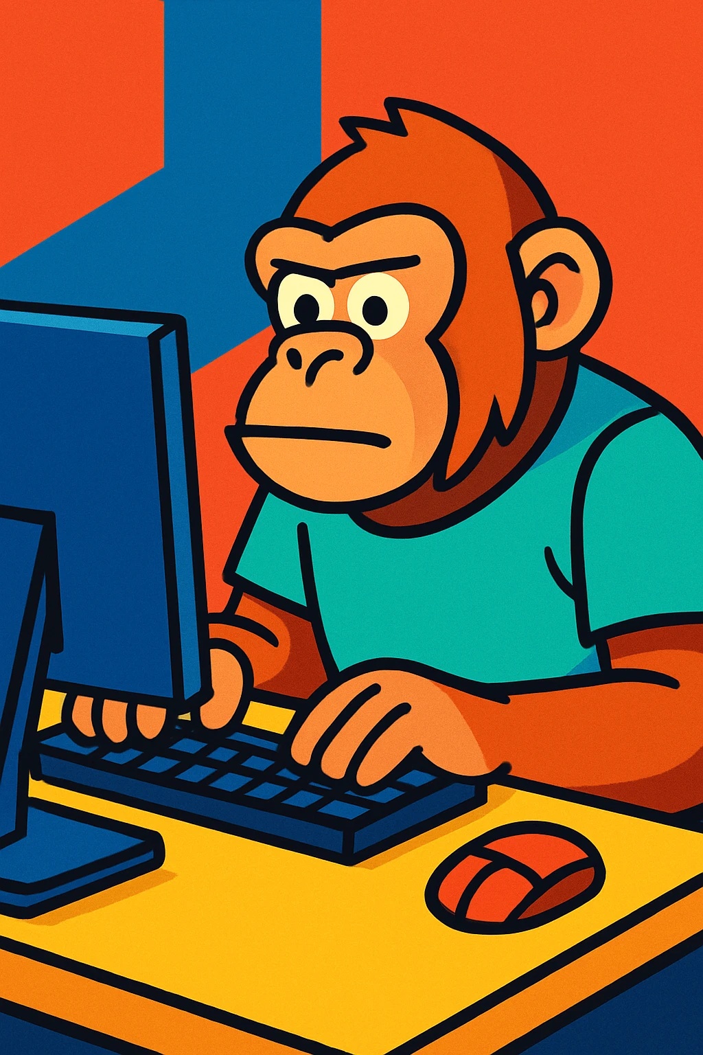 ape facing a computer, looking like a software programmer, cartoon style emoji