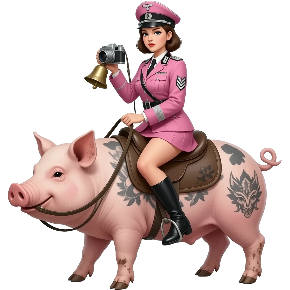 cinematic realistic - A thin and seductive female rider in a pink German army uniform from World War II rides a large tattooed pig with an antique bellows camera and bare, dirty feet. emoji