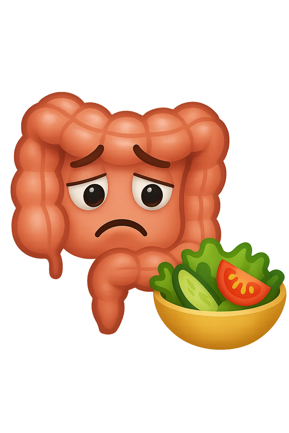 EMOJI STILE IPHONE DI UN INTESTINO UMANO ANATOMICO CHE GUARDA UN INSALATA CON ESPRESSIONE TRISTE E RASSEGNATA IN VOLTO: SOFFRE LA FAME PERCHé è A DIETA, FAGLI ANCHE LA PARTE BIANCA DEGLI OCCHI, NON SOLO LE PUPILLE emoji
