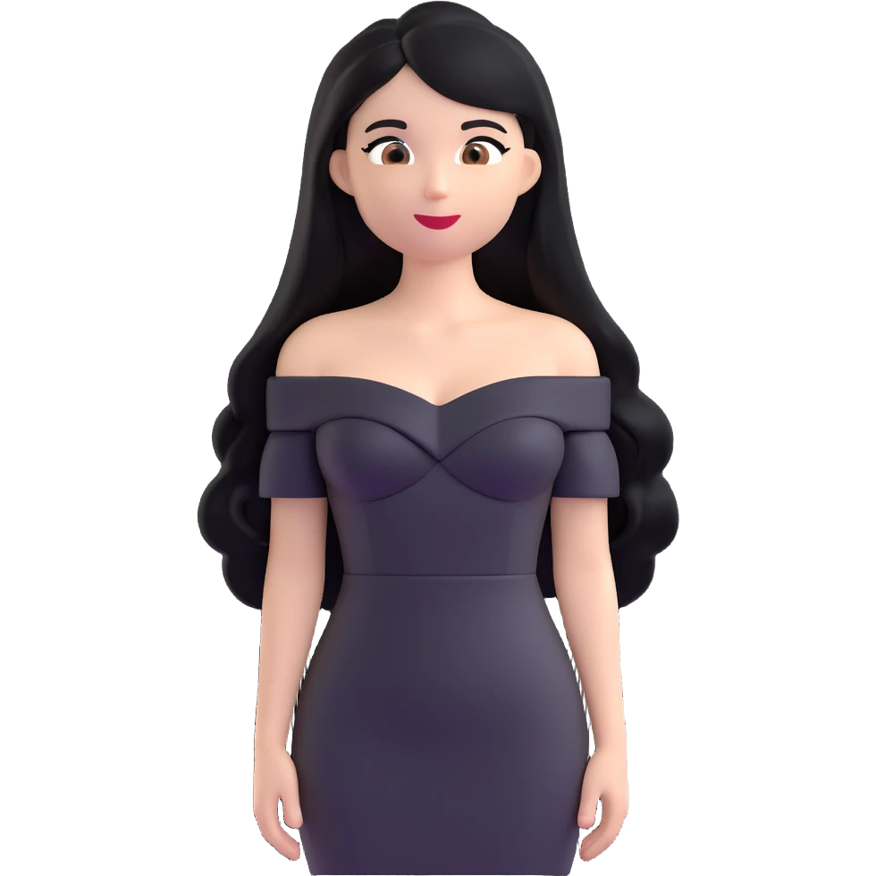 woman with long black hair, black off-shoulder dress, white skin, 3d emoji style emoji