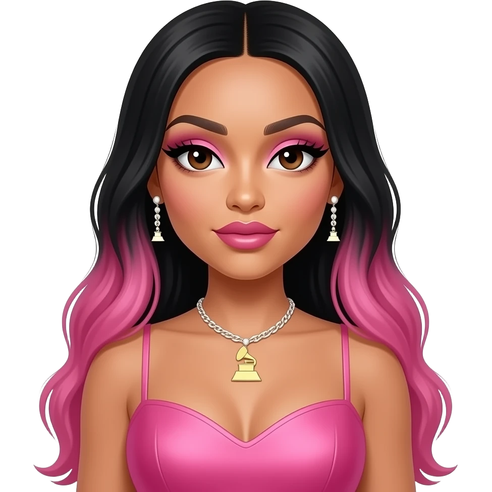 Nicki Minaj with dark brown eyes, long black hair with pink ombre, pink eyeshadow, pink lipstick, pink grammy dress, earrings and necklace emoji