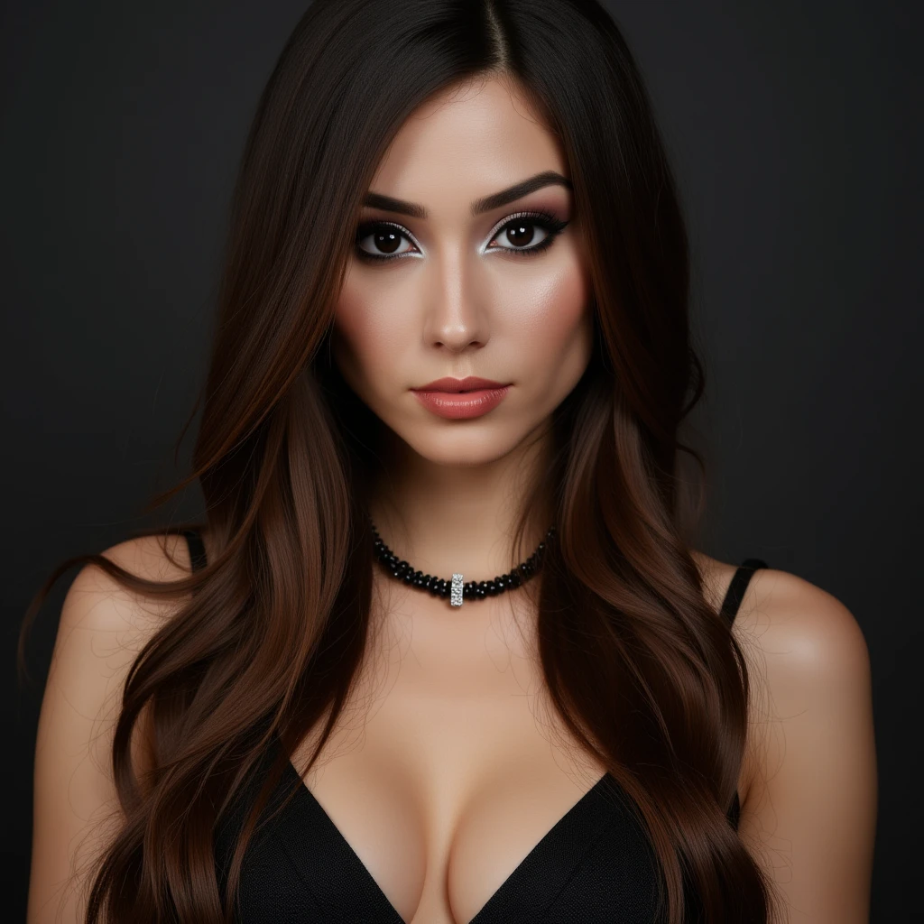 Art of nude woman's very sexy body scheme anatomy-bare shoulders and black eyes-very long straight brunette hair spreading legs and showing her pussy in seductive pose. New year elements: champagne gift emoji