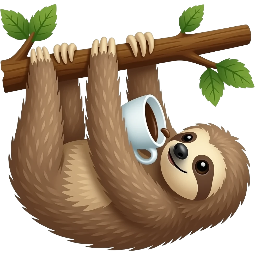 hanging sloth with long limbs big tree drink morning coffee emoji