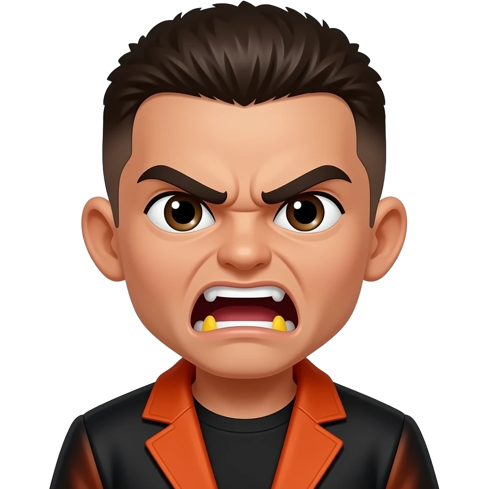 A mean angry boy with dark brown thick buzz cut, brown thin eyes, tan skin, hairy thick eyebrows, and a black and orange coat, and yellow unbrushed teeth screaming emoji