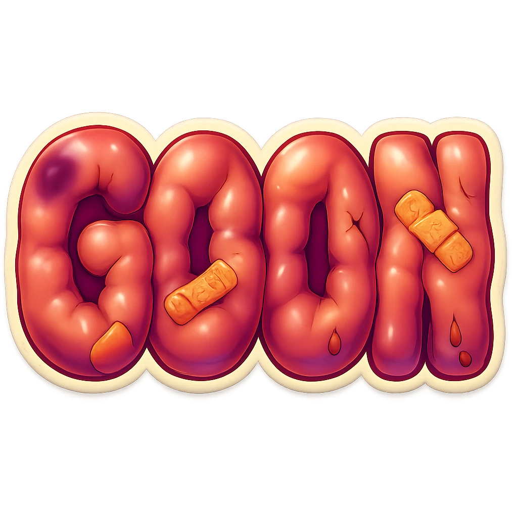 Add bruises, bandages, and wounds to the word GOON with amorphous, glossy, blobby muscle shapes under the skin. The skin should show visible bruising, some bandages, and a few cartoonish wounds, all in retro sticker style with no background. emoji