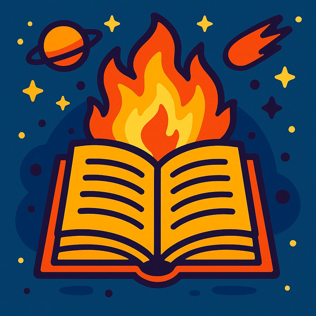 fun event icon featuring a book and fire, with a space theme, vibrant colors, playful style emoji