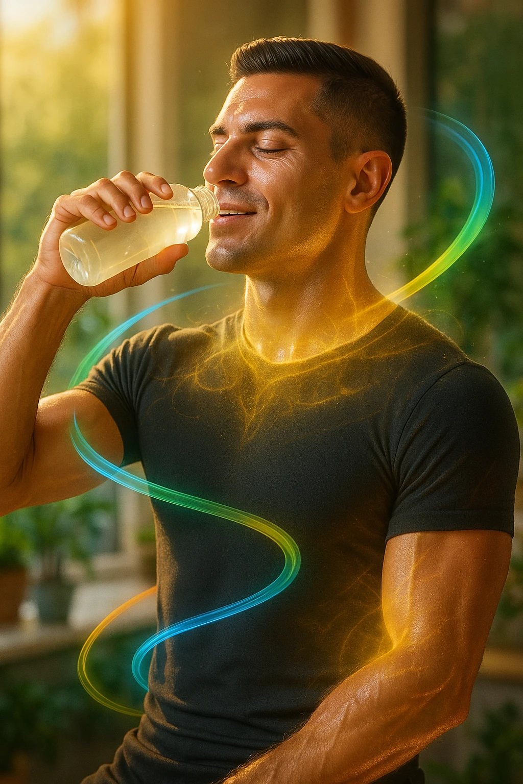 Athletic man around 30 years old, early morning, drinking a transparent electrolyte-rich beverage from a bottle. Body illuminated by natural golden light, with a light energetic aura around muscles symbolizing regeneration and recovery. Relaxed and vital expression, hydrated and glowing skin. Around him, light and colorful flows (blue, green, orange) represent electrolyte balance: sodium, potassium, magnesium. Natural environment or modern minimalist kitchen. Positive, clean, and invigorating atmosphere. Vertical 9:16 format. Inspired by the face in the reference photo. emoji
