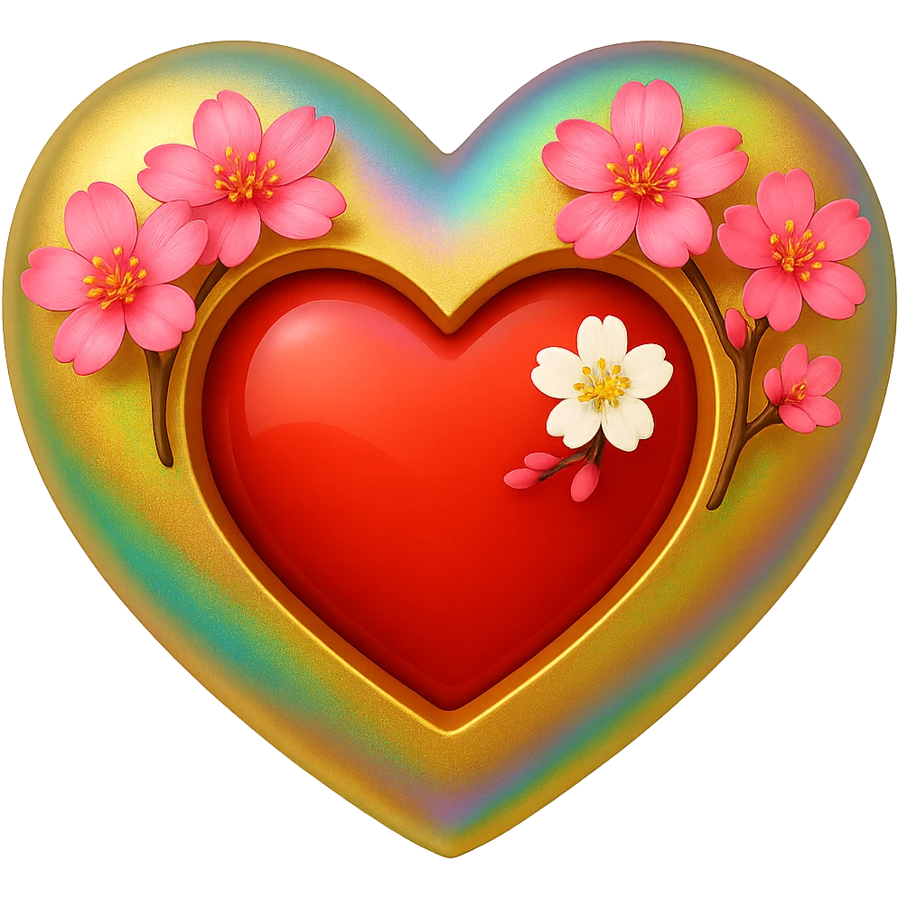 Replace the shimmer effect with a rainbow shimmer on the gold and silver highlights of the heart with a sakura blossom overlay in the style of apple emojis, no background. emoji