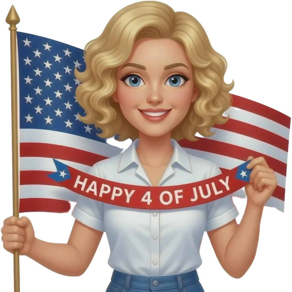 blonde tight curly hair in a short bob with a Happy 4 of July banner in red writing and a white short sleeve blouse and a huge flag emoji