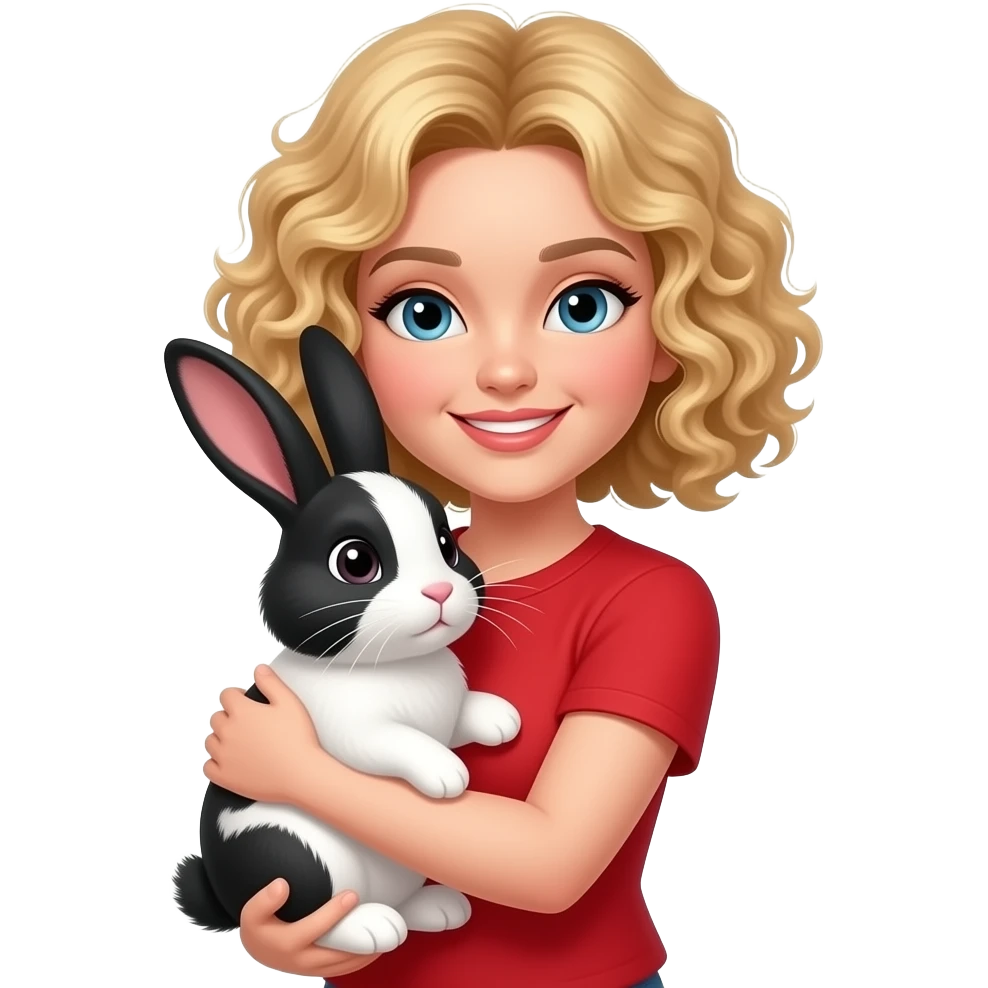 blonde tight curly bob hugging a black and white bunny in red short sleeve shirt emoji