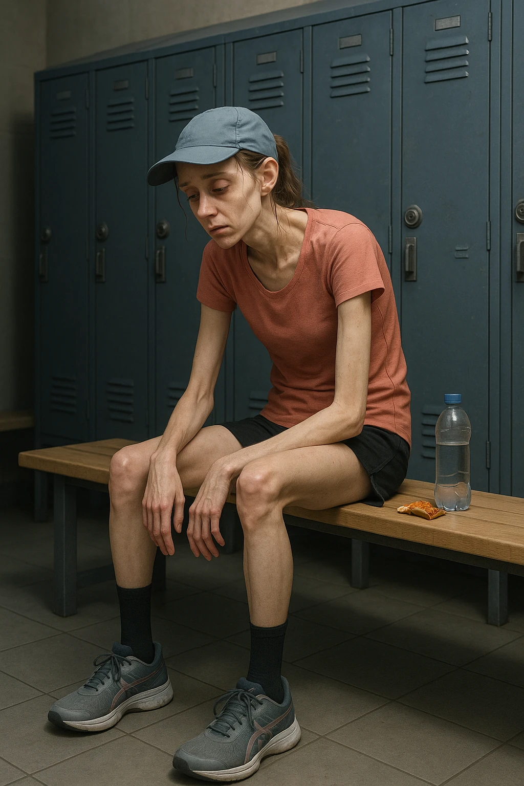 3D rendered scene: a woman in her 20s wearing running clothes sits on a bench in a locker room, looking exhausted and weak. Her face shows signs of fatigue, and her limbs appear thin and lacking muscle tone. A water bottle and a small, half-eaten snack are beside her, hinting at insufficient nutrition. The environment is realistic, with a focus on her physical and emotional state. emoji
