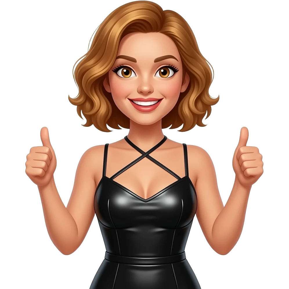 glamours,-tanned,-very-beautiful-woman-with-big-plump-rose-beige-lips,-long-lashes,-honey-silky-very short- hair,-wavy-hair,-hazel-eyes-wearing-black-strappy-shiny-latex-dress-She-Looks-sexy-and-smiling-Hands-both-with-thumb-up-waist-up emoji