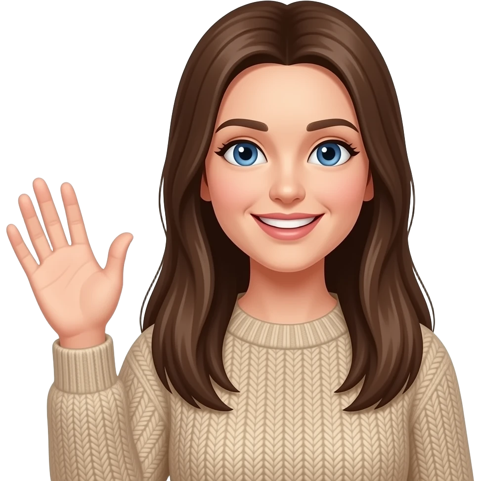 Woman. Long straight Brown hair. Blue Eyes. Beige sweater. happy with a raised hand emoji