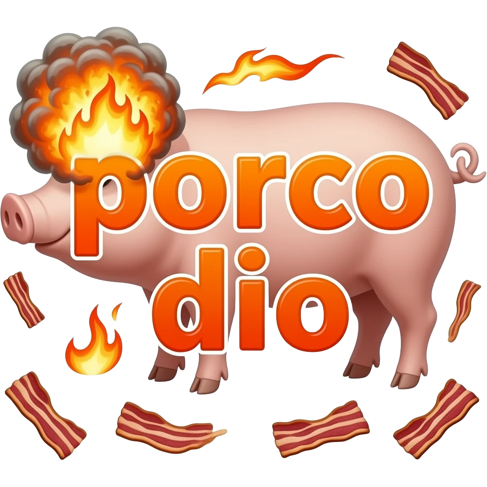 large font size text "porco dio" with a pig outline in the background, explosion, fire, bacon emoji