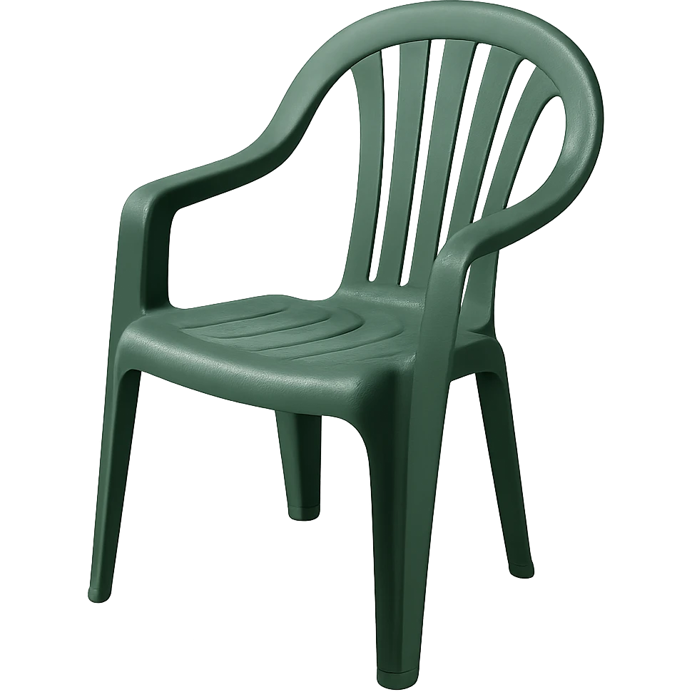 green molded plastic lawn chair, arched top, five vertical back slats, classic outdoor style, slightly angled perspective emoji