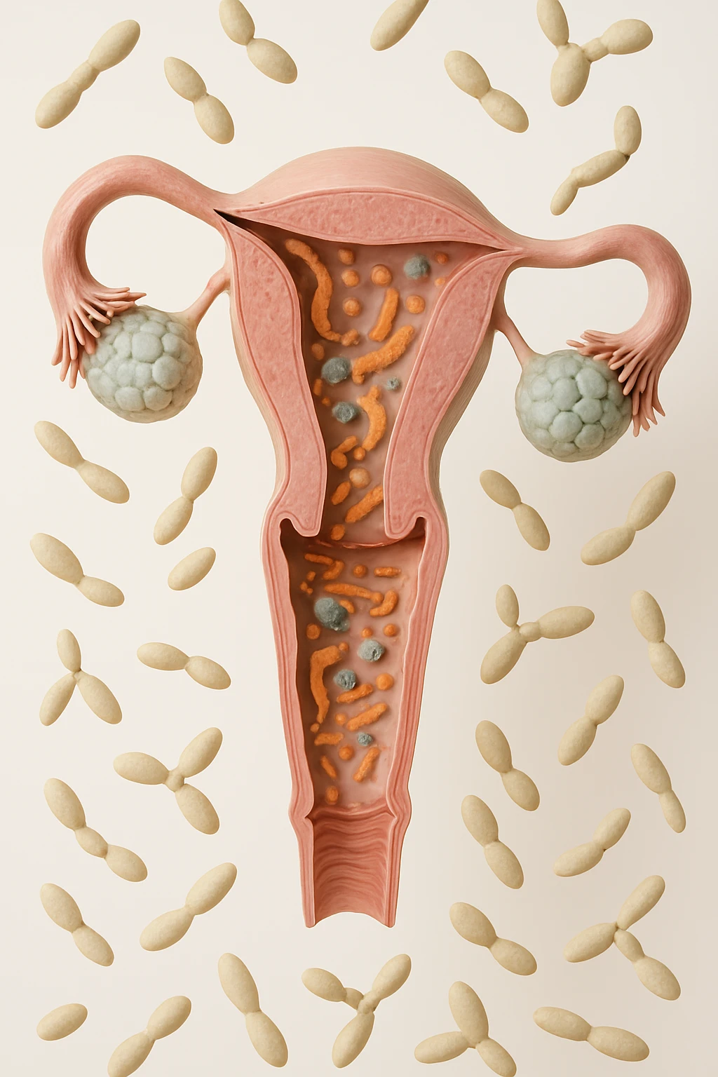 utero umano realistico con batteri della candida intorno, la foto si deve vedere per intero in formato verticale, sullo sfondo neutro chiaro ci sono batteri della candida, iperrealistico 4k emoji