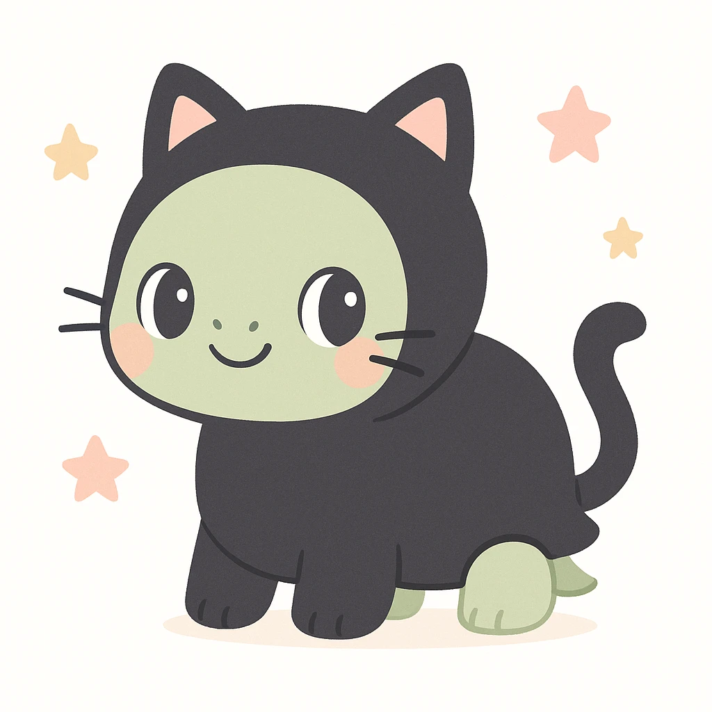 a tortoise wearing a full black cat costume, including whiskers and a tail, looking mischievous emoji