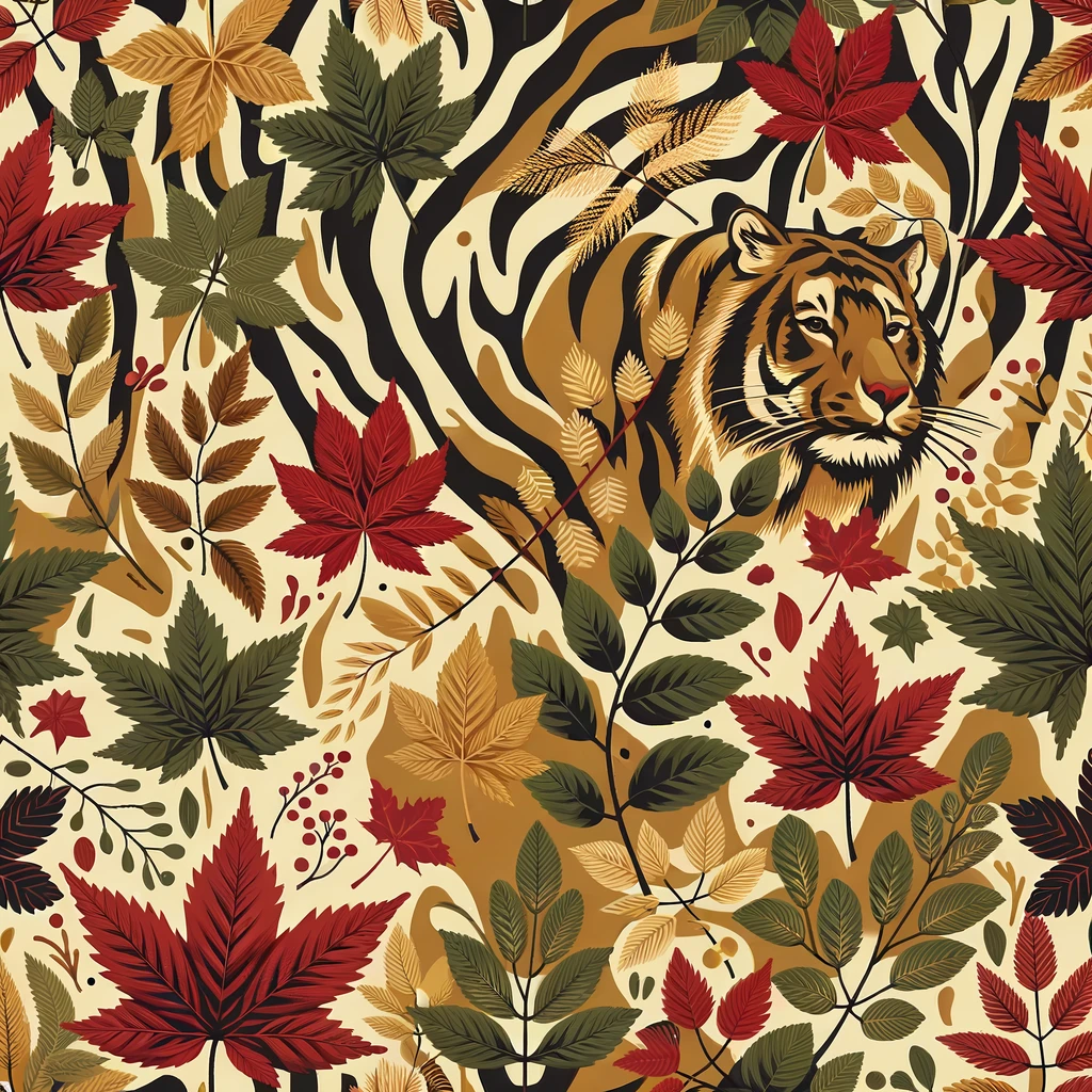design background, camouflage pattern inspired by autumn forest, tiger stripes blended with maple leaves and branches, earthy colors (olive, rust, deep red, golden yellow), seamless design, modern fashion style emoji
