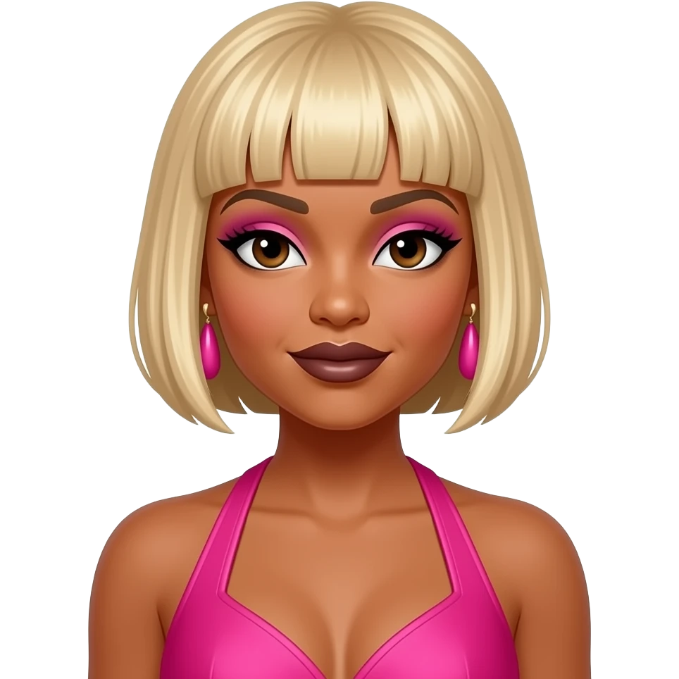 Tionne T-Boz Watkins from TLC with dark brown eyes, blonde 90s pixie flip hair, pink eyeshadow, dark brown lipstick, hot pink halter dress, pink earrings emoji