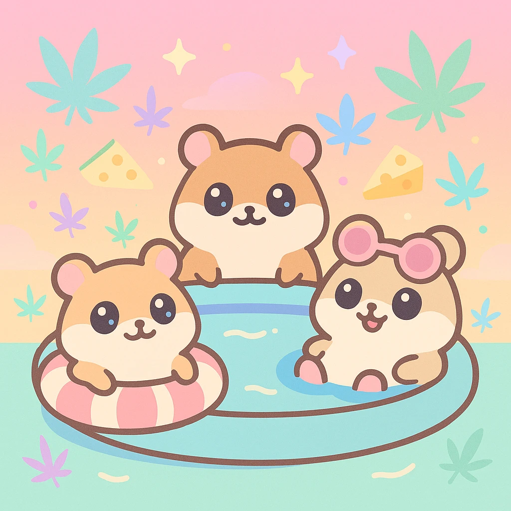 Discord server icon, square, super cute pool party at sunset with up to 3 hamsters, weed leaves, cheese, THC theme, no disco ball, vaporwave style, pastel neon colors, dreamy gradients, sparkles, nostalgic, fun, inviting, summer party vibe, clear composition emoji