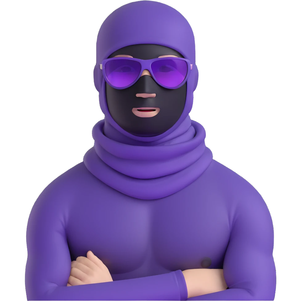 shirtless athletic man with white skin, wearing a purple balaclava face mask and purple sunglasses with black tinted lenses emoji