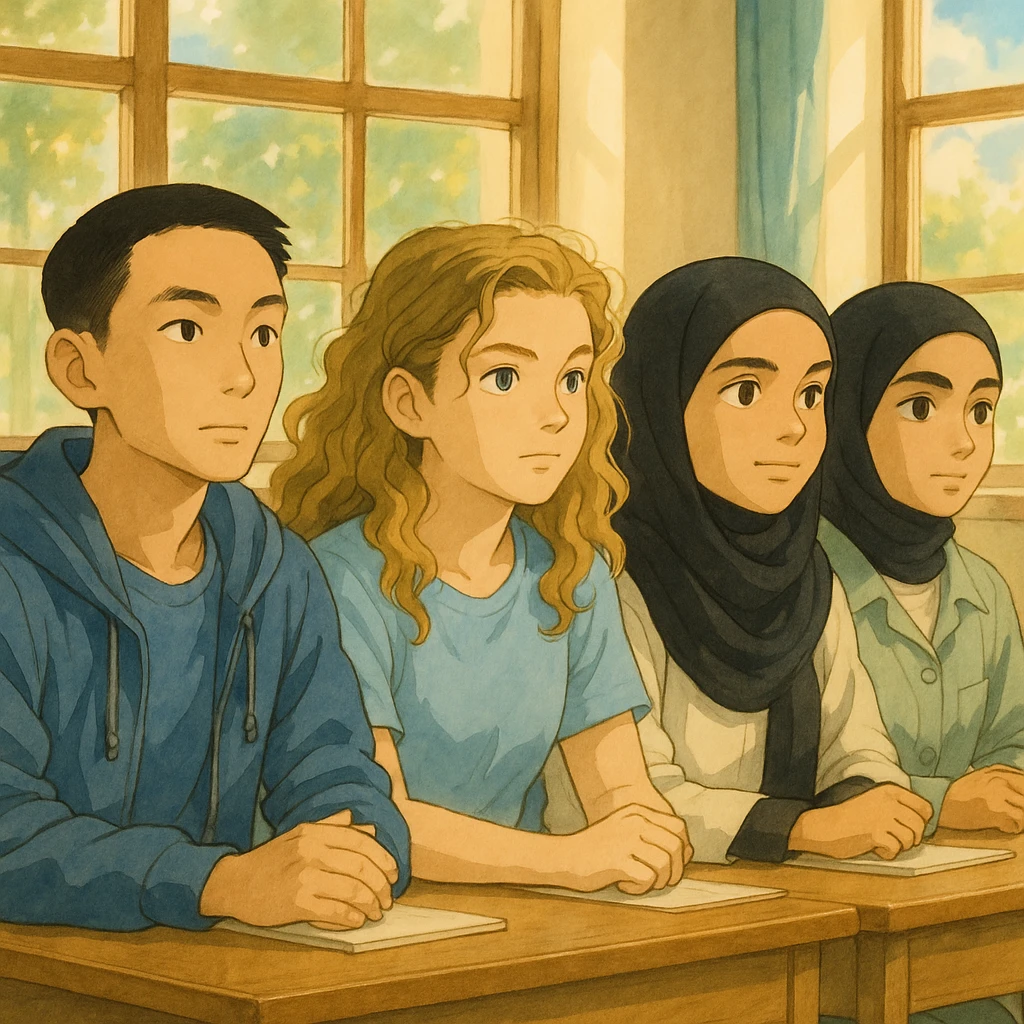 Illustrate four students sitting together attentively following a class in a bright classroom. The atmosphere is studious with natural and focused expressions on their faces. Style is Ghibli with a luminous classroom background, capturing a calm and concentrated mood. emoji
