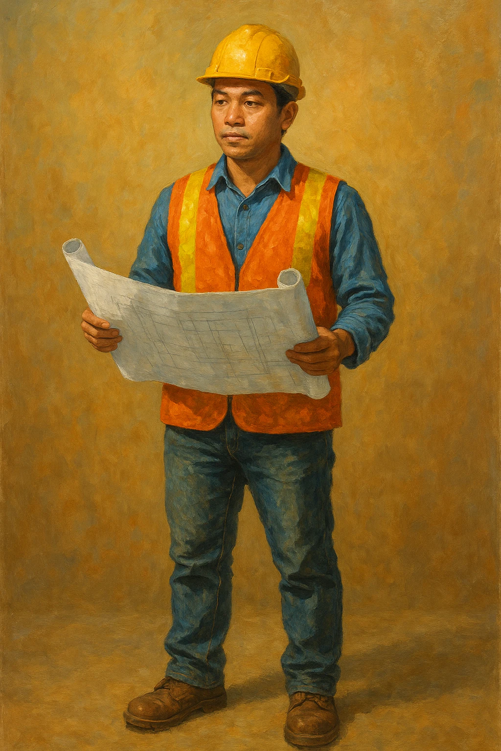 Сгенерируй мне в стиле реалистичной, яркой живописи инженера с чертежом внешности индонезиата, азиата. На однородном фоне. В полный рост emoji