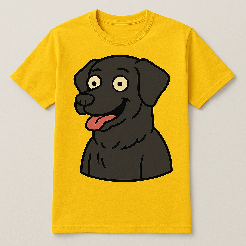 Place the black labrador retriever graphic on a yellow t-shirt, keeping a cartoon style with bold lines, bright colors, and playful expression. emoji