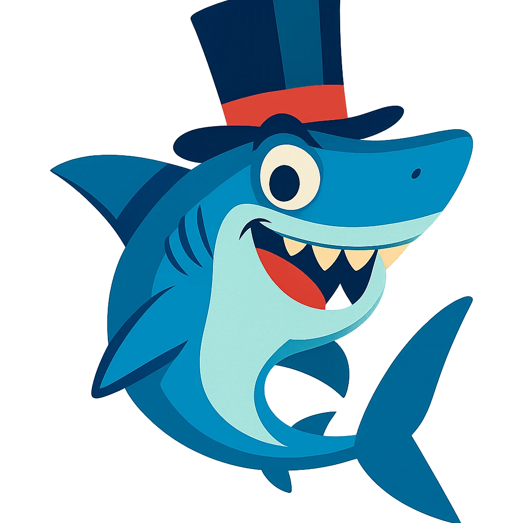 blue shark with a tall top hat, playful expression emoji