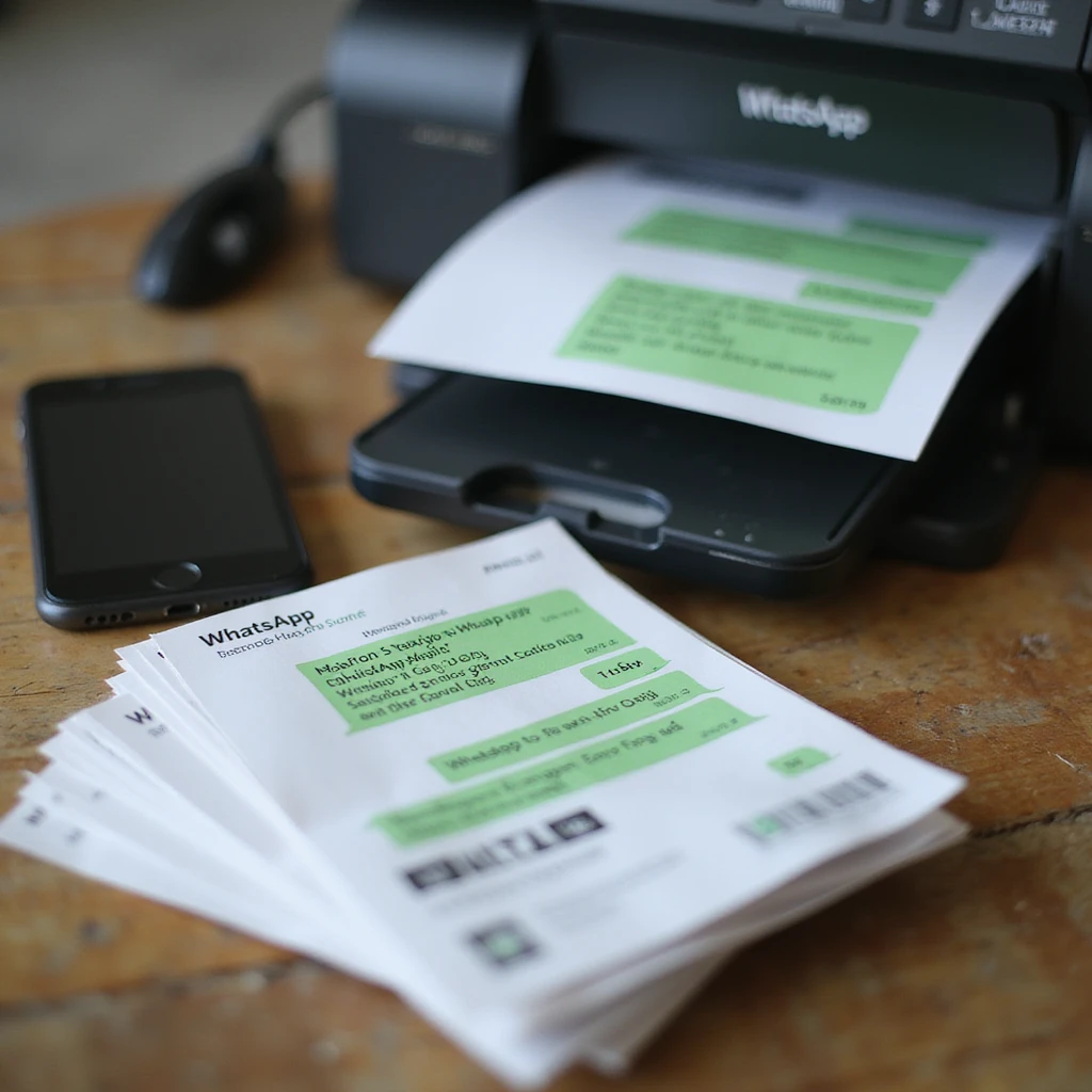 realistic thumbnail for a WhatsApp print out service, with a stack of printed WhatsApp chat messages fanned out next to a smartphone, and a printer in the background emoji