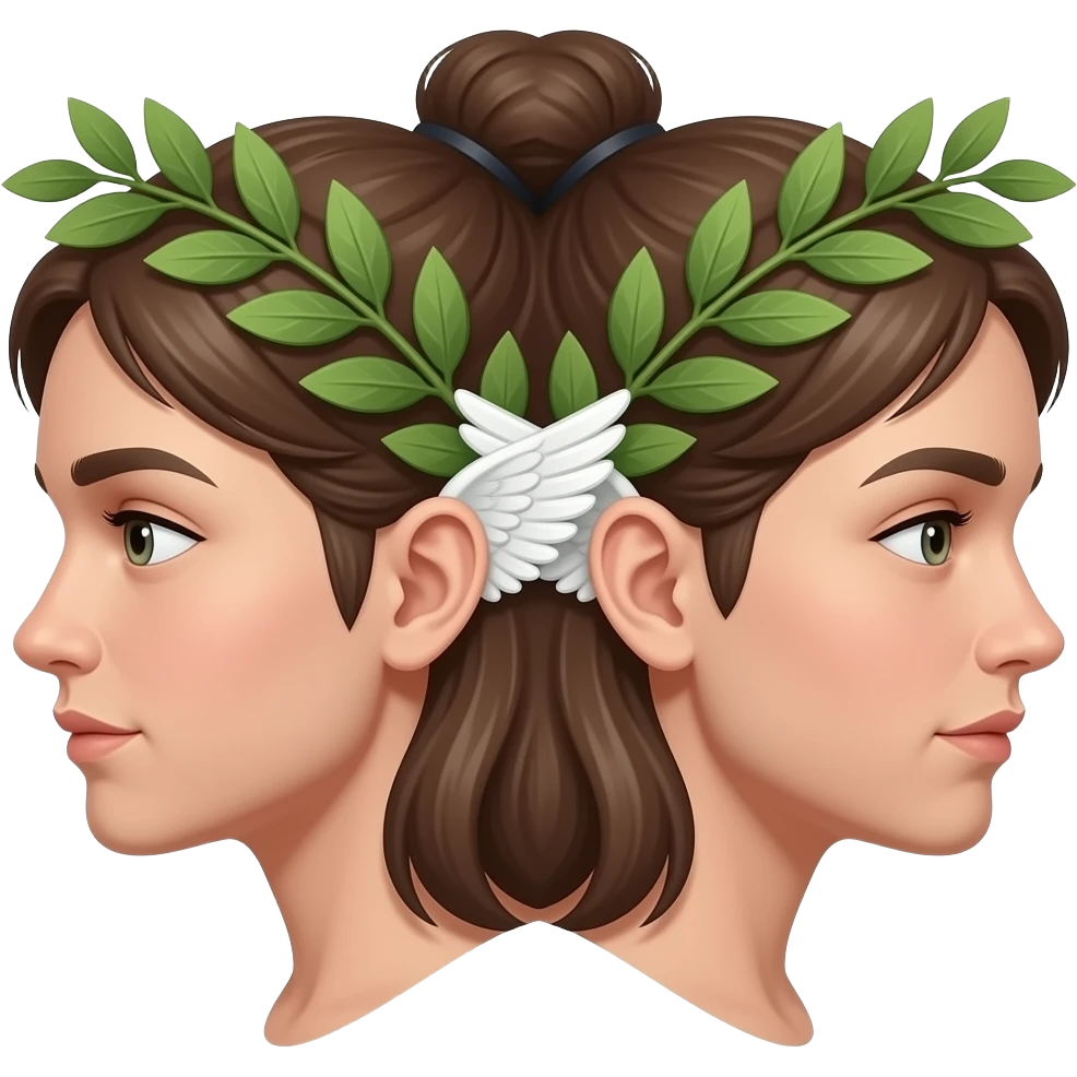 twins, two faces in profile in a parallel composition, they have small wings instead of ears and a laurel wreath around their heads emoji