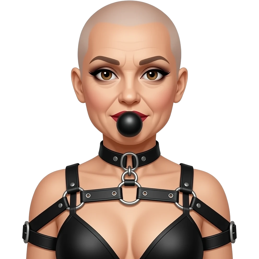 bondage bald lipstick eye shadow smokey eyes makeup bra 50 years old gag ball tied up harness feminized emoji