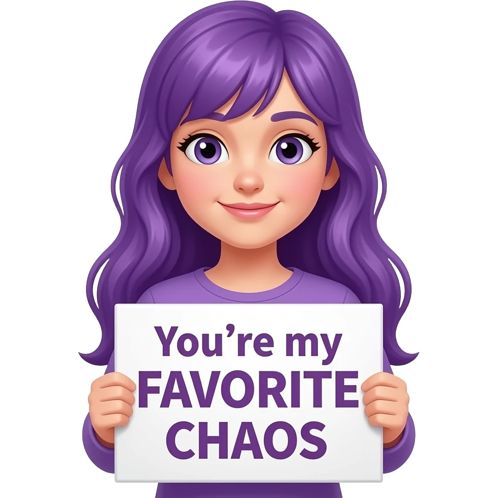 girl with long purple hair holding a You're my FAVORITE CHAOS sign emoji