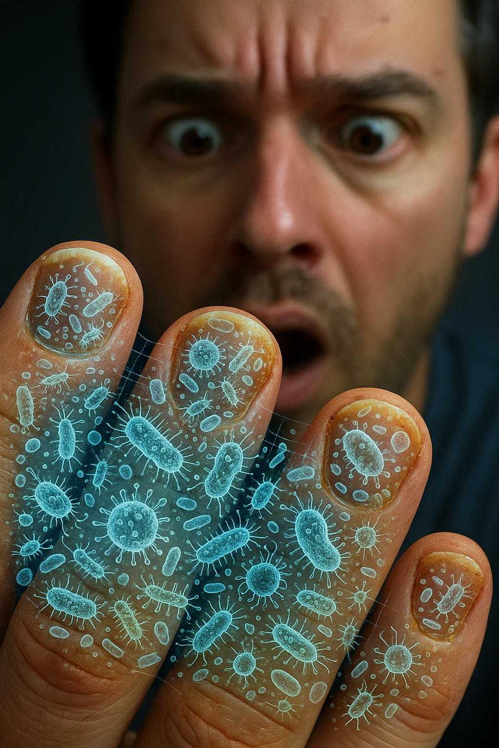 "Close-up macro shot of man's fingernails with transparent overlay showing dense colonies of bacteria, viruses, and parasites thriving in nail beds, millions of pathogens visible as glowing microscopic organisms, expression of shock as he examines his hands under magnification, nail debris containing more germs than toilet water, fingertips becoming mobile germ factories" emoji