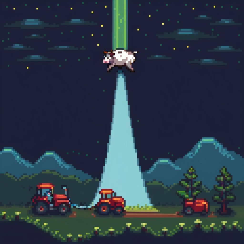 UFO abduction scene with a cow being lifted by a tractor beam at night emoji