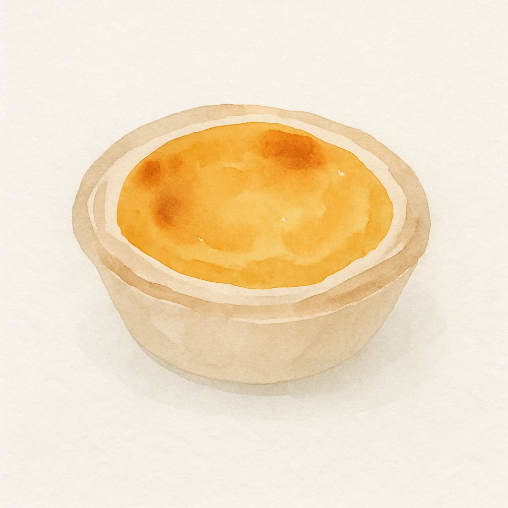 realistic illustration of a typical Portuguese pastry, pastel de nata, golden custard tart in a flaky crust, watercolor art style emoji