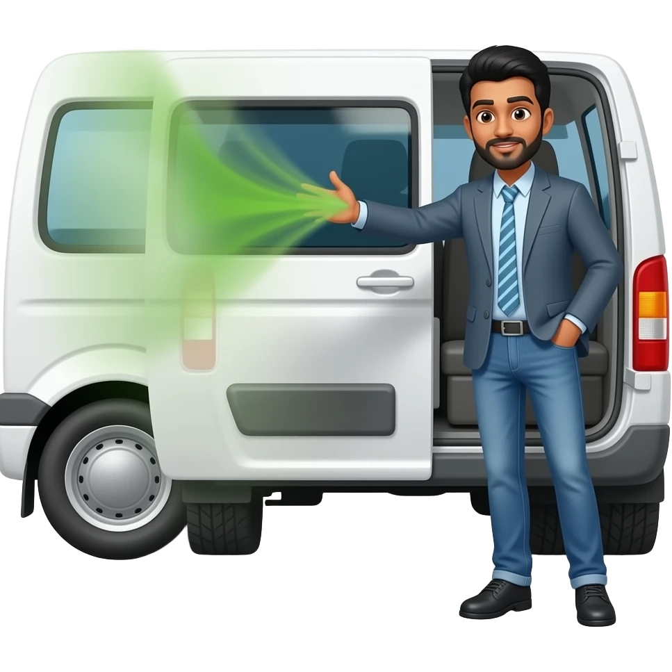 A black indian man opens the back door of a white van and the green cloud comes out of it. emoji