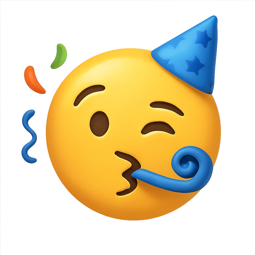 yellow face with blue party streamer emoji, digital illustration emoji