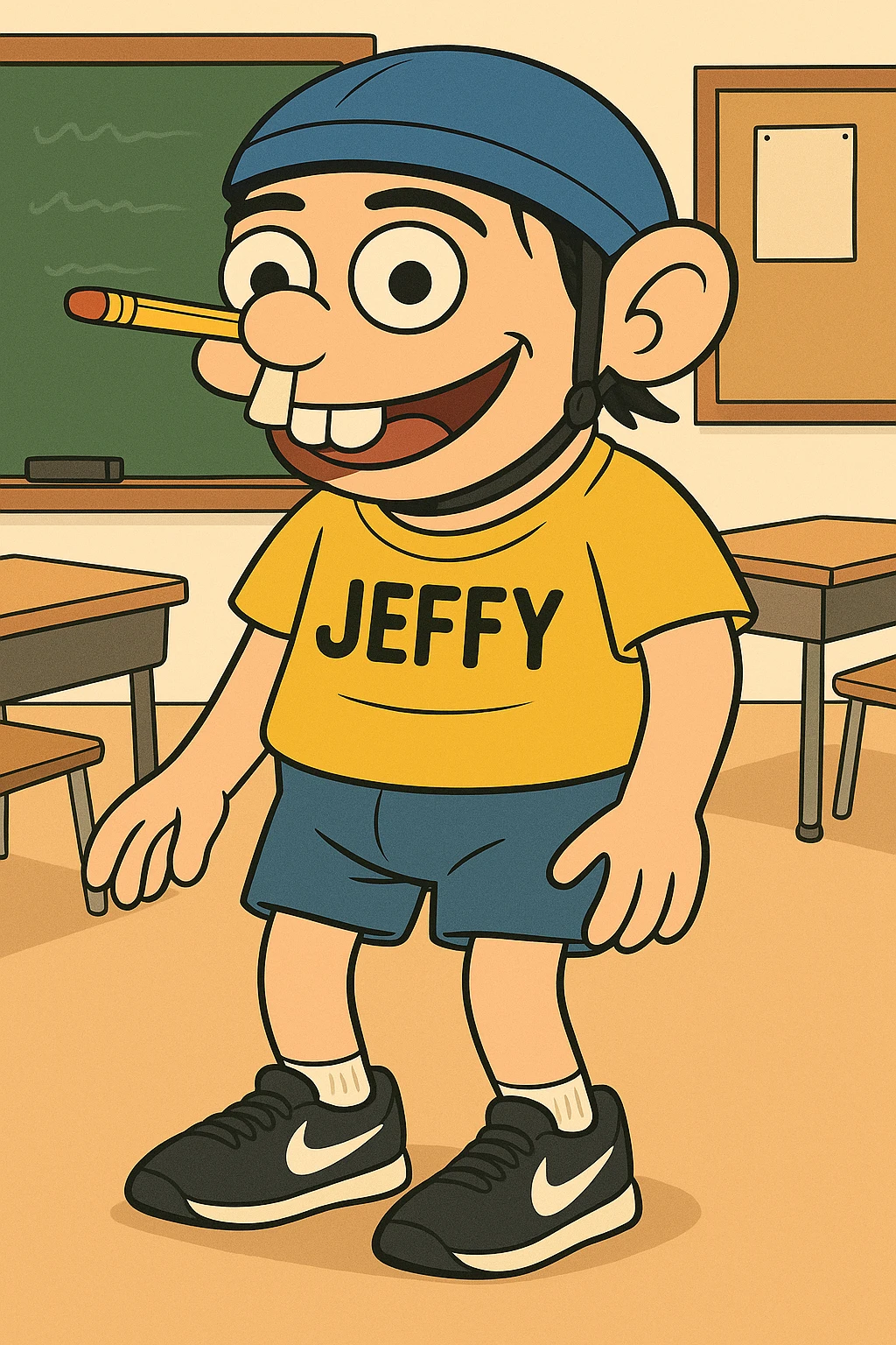Add a playful classroom background with a chalkboard and desks, keeping the cartoon style consistent with flat toon style. emoji