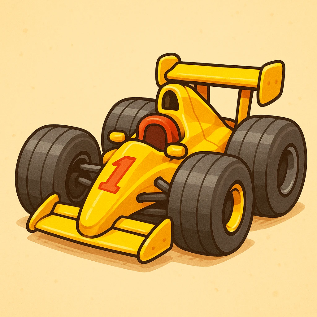 cartoon style F1 race car, exaggerated large tires, vibrant yellow color, cute and fun appearance emoji