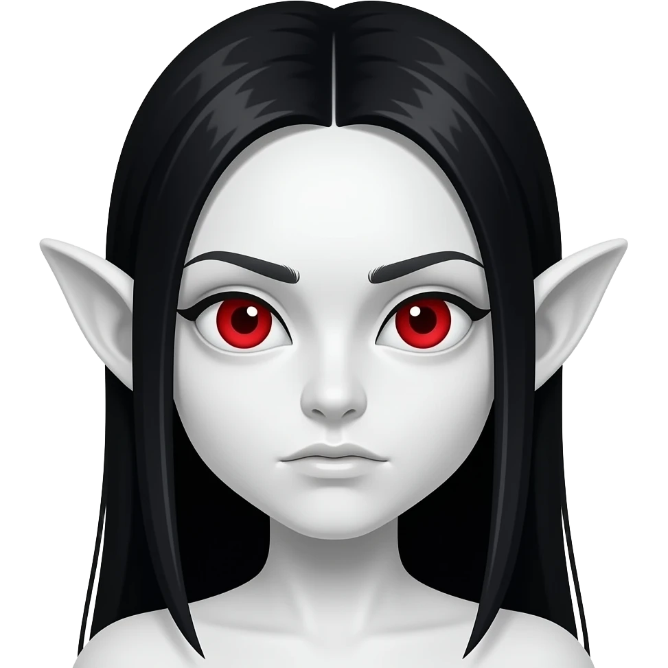 사악한 흰 피부. 붉은 동공. 살색 커다란 귀. 큰 눈. 창백한. 붉은 홍조. 사악한 검정 머리.무표정. 가르마 긴 생머리. emoji