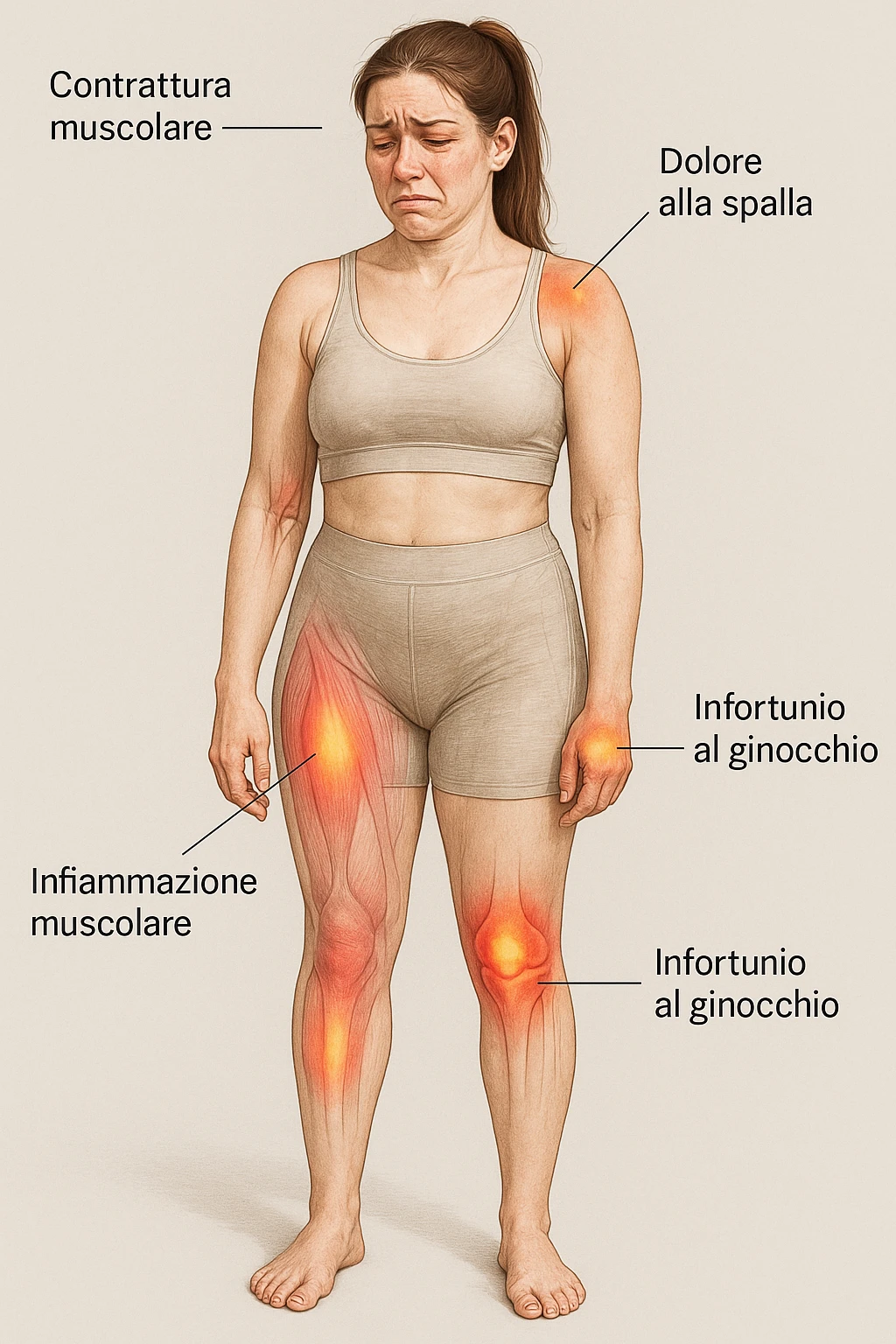 donna con infortuni e contratture frequenti in 3D realistica, donna dolorante immagine medica in italiano  emoji