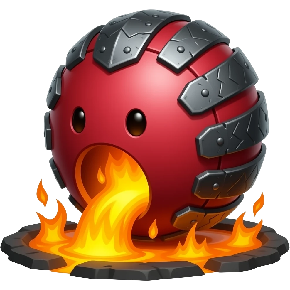 A red sime-ball-like monster with charcoal armor plates and a furnace-hot jaw. It lurks near geothermal rivers and snaps with explosive bursts of heat. emoji